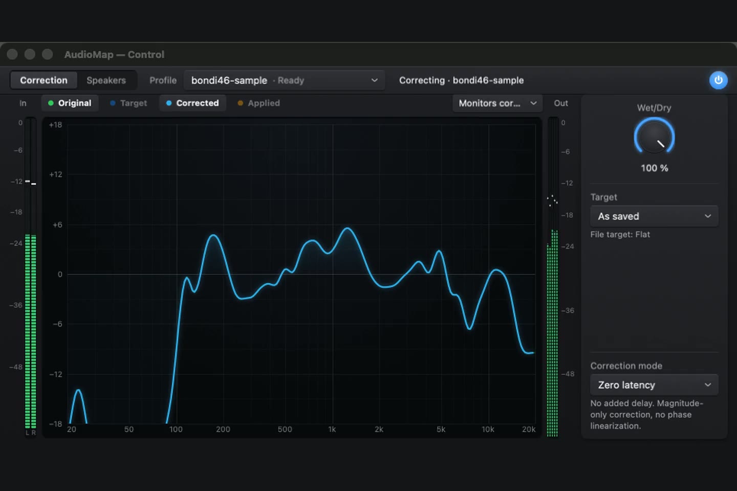 AudioMap Control window: In and Out meters and the correction plot